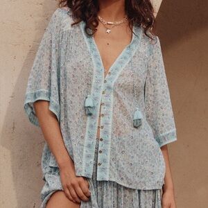 Spell Little Bird Flutter Sleeve Floral Blouse in Sky